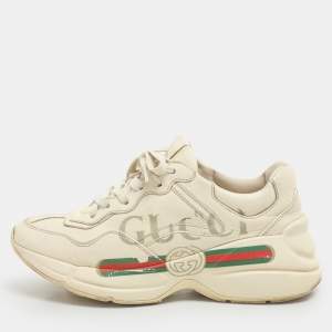 Gucci Off White Leather Rhyton Logo Print Low Top Sneakers Size 36