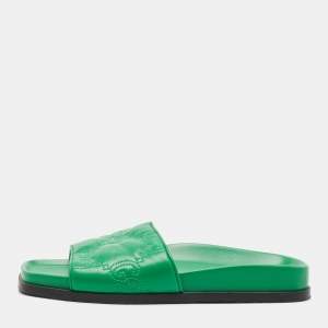 Gucci Green Leather GG Matelassè Embroidered Flat Slide Sandals Size 38
