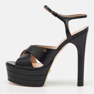 Gucci Black Leather GG Angel Platform Ankle Strap Sandals Size 39.5