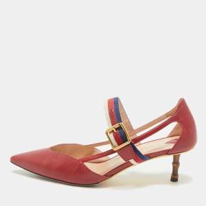 Gucci Red Leather Sylvie Web Strap Bamboo Heel Unia Pumps Size 38