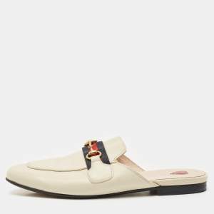 Gucci Cream Leather Princetown Horsebit Mule Sandals Size 38