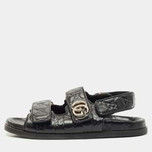 Gucci Black Leather Marmont Double G Flat Sandals Size 37.5