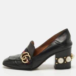 Gucci Black Leather and Canvas Web Loafer Pumps Size 37