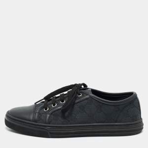 Gucci Black GG  Canvas and Leather Web Lace Up Sneakers Size 36.5