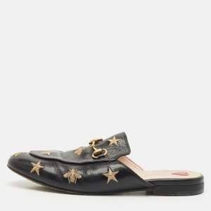 Gucci Black Leather Bee and Star Embroidered Princetown Flat Mules Size 37.5