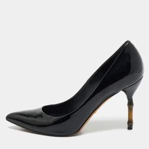Gucci Black Patent Leather Kristen Bamboo Heel Pumps Size 38