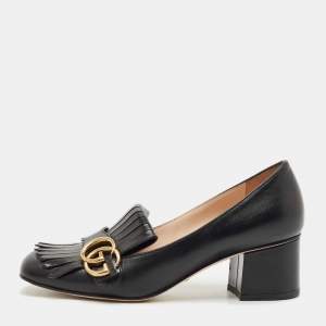 Gucci Black Leather Marmont GG Fringe Detail Block Heel Pumps Size 38