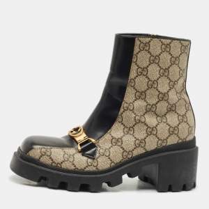 Gucci Beige/Black GG Supreme Canvas and Leather Interlocking G Ankle Boots Size 36.5