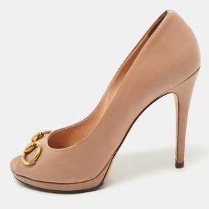 Gucci Dusty Pink Leather Horsebit Peep Toe Pumps Size 40
