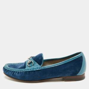 Gucci Blue Velvet and Patent Horsebit Slip On Loafers Size 38