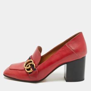 Gucci Red Leather GG Marmont Web Loafer Pumps Size 38