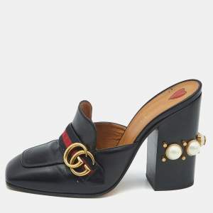 Gucci Black Leather GG Pearl Embellished Web Detail Loafer Mule Sandals Size 40