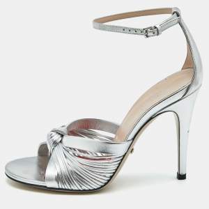 Gucci Silver Leather Allie Knot Ankle Strap Sandals Size 36