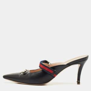 Gucci Black/Red Leather Emma Web Strap Horsebit Mules Size 40.5