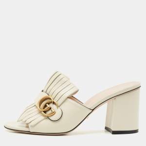 Gucci Cream Leather GG Marmont Fringe Block Heel Slide Sandals Size 39