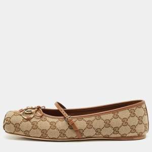 Gucci Beige GG Canvas and Leather Horsebit Ballet Flats Size 40
