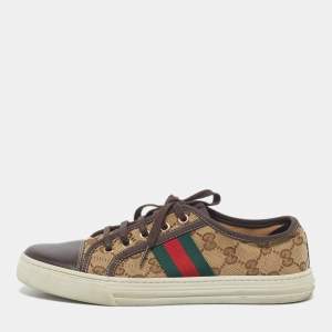 Gucci Beige/Brown GG Supreme Canvas Ace Web Low Top Sneakers Size 37