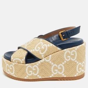 Pre Owned Gucci Beige/Blue GG Raffia and Leather Angelina Platform Sandals Size 39.5