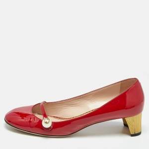Gucci Red Patent Leather Interlocking G Pearl Pumps Size 40.5