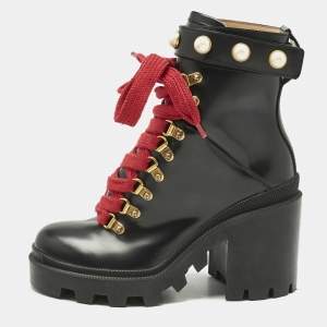 Gucci Black Leather Faux Pearl Embellished Trip Ankle Length Boots Size 35