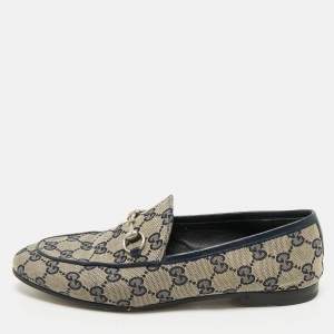 Pre Owned Gucci Beige/Blue GG Canvas and Leather Jordaan Horsebit Loafers Size 38