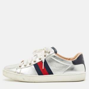 Gucci Silver Leather Web Detail Ace Low Top Sneakers Size 37