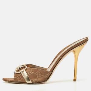 Pre Owned Gucci Gold GG Supreme Canvas Horsebit Open Toe Slide Sandals Size 39