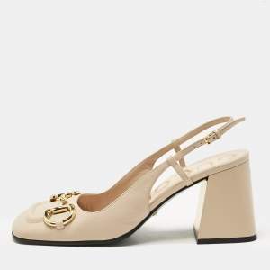Pre Owned Gucci Beige Leather Horsebit Slingback Pumps Size 38