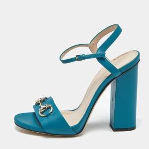 Gucci Blue Leather Horsebit Ankle Strap Sandals Size 37.5