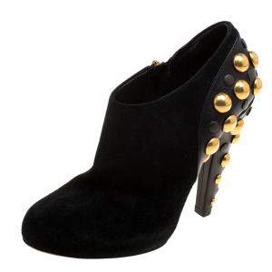 Pre Owned Gucci Black Suede Vintage Babouska Studded Heel Ankle Boots Size 37.5