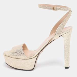 Gucci Gold Crinkled Patent Leather Platform Ankle Strap Sandals Size 41