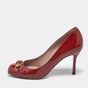 Pre Owned Gucci Red Patent Leather Jolene Horsebit Pumps Size 39