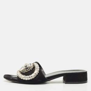 Pre Owned Gucci Black Suede Maxime Crystal Embellished Slide Sandals Size 35