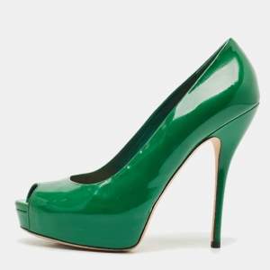 Gucci Green Patent Leather Peep Toe Platform Pumps Size 38.5