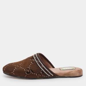 Gucci Brown GG Velvet Crystal Embellished Mules Size 39