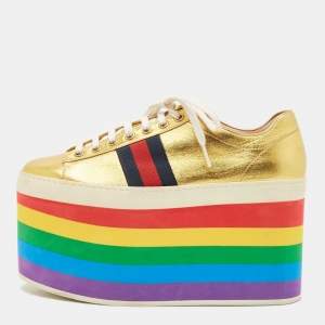 Gucci Metallic Gold Leather Peggy Platform Sneakers Size 37.5