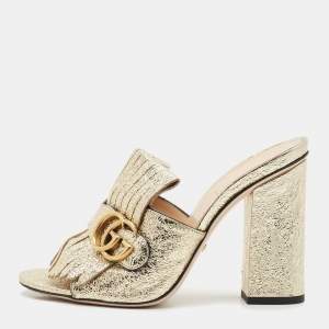 Gucci Gold Crinkled Leather Marmont GG Fringe Mule Sandals Size 38