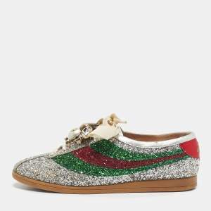 Pre Owned Gucci Silver Glitter Leather Falacer Embellished Low Top Sneakers Size 39