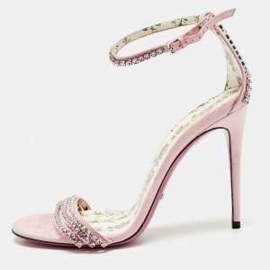 Pre Owned Gucci Pink Suede Crystal Embellished Ankle Strap Sandals Size 39