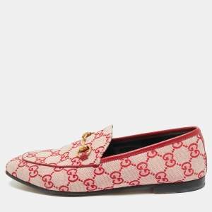 Gucci Red/Pink GG Canvas and Leather Jordaan Horsebit Loafers Size 38.5
