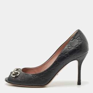 Pre Owned Gucci Black Leather New Hollywood Horsebit Peep Toe Pumps Size 38