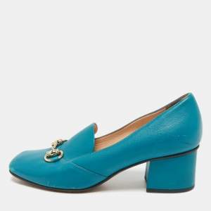 Pre Owned Gucci Blue Leather Horsebit Loafer Pumps Size 36