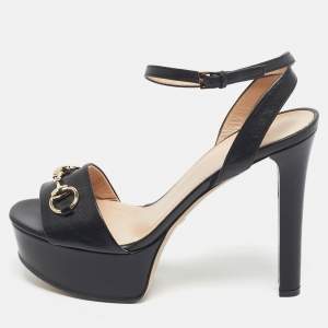 Pre Owned Gucci Black Patent Leather Horsebit Platform Ankle Strap Sandals Size 38