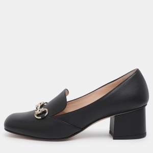 Gucci Black Leather Horsebit Block Heel Pumps Size 37.5