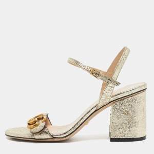 Pre Owned Gucci Gold Leather Horsebit Ankle Strap Sandals Size 36