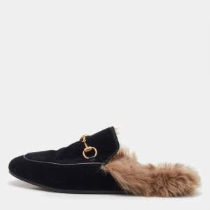 Gucci Black Velvet and Fur Princetown Horsebit Flat Mules Size 37