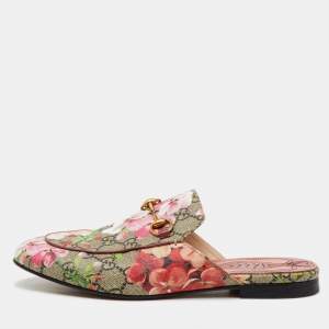 Gucci Beige/Maroon GG Supreme Blooms Canvas Princetown Flat Mules Size 37