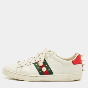 Pre Owned Gucci White Leather and Snakeskin Embossed Leather Ace Web Lace Up Sneakers Size 38