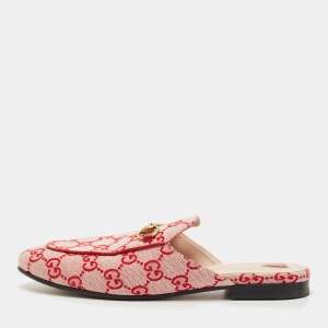 Pre Owned Gucci Red GG Supreme Canvas Princetown Flat Mules Size 37