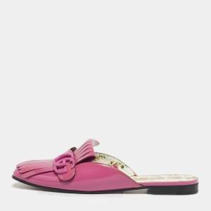 Pre Owned Gucci Purple Patent Leather GG Marmont Fringed Flat Mules Size 39.5